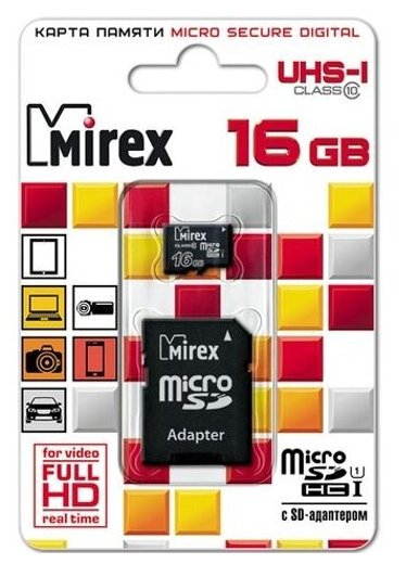 Карта памяти microSDHC Mirex 16 Гб класс 10 UHS-I - с адаптером SD