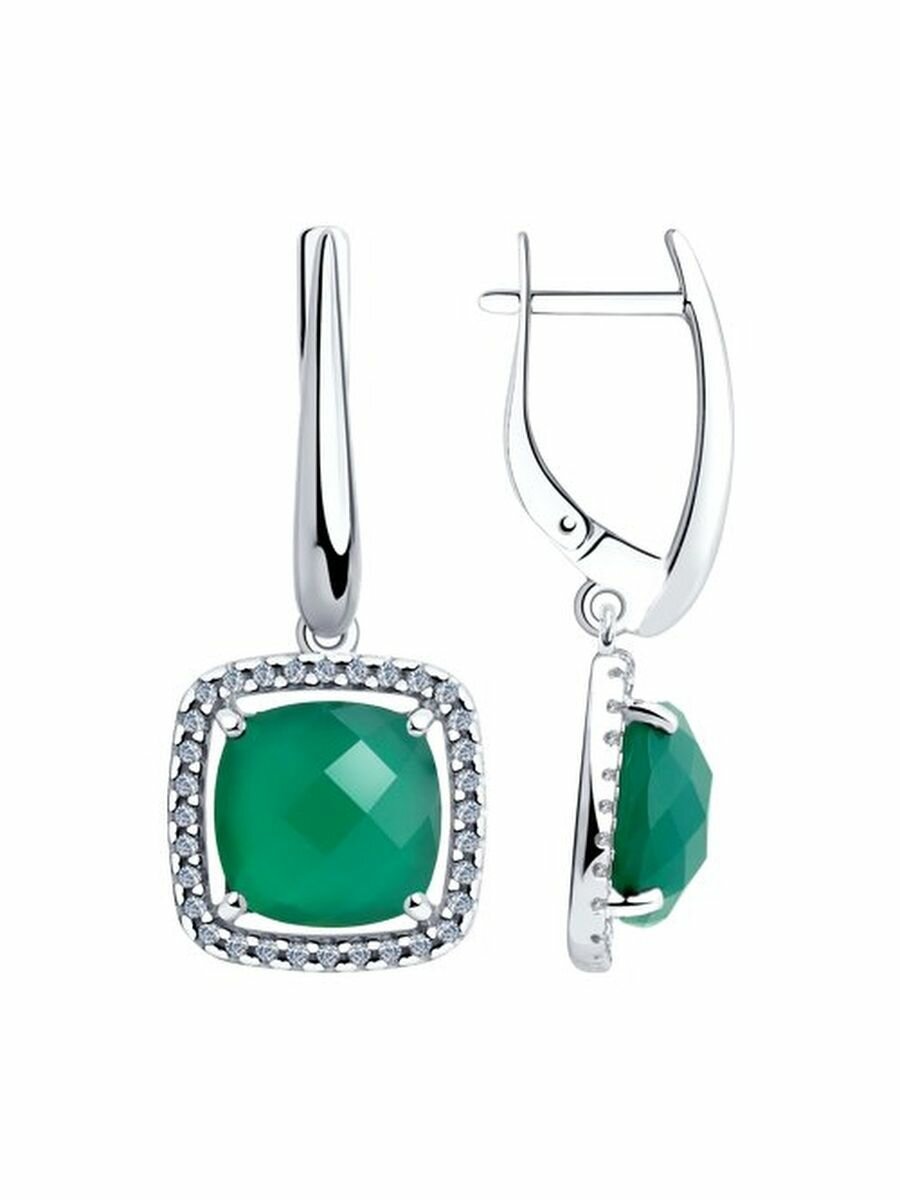 Серьги DS Jewelry, серебро, 925 проба, родирование, агат, фианит, , зеленый
