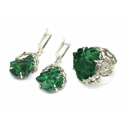 Комплект бижутерии: кольцо, серьги, малахит, размер кольца 17, зеленый