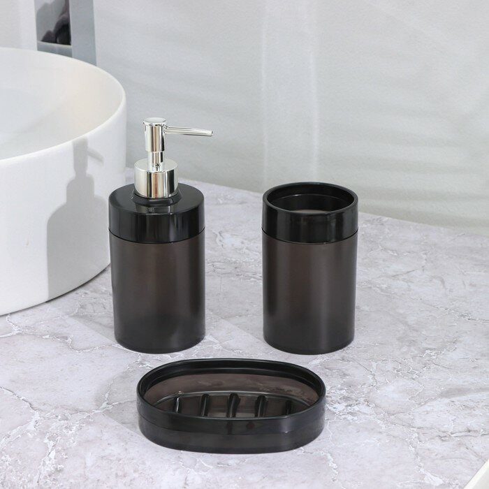 BARONESS Набор для ванной комнаты 3 предмета: стакан для зубных щёток, дозатор, мыльница, цвет чёрный