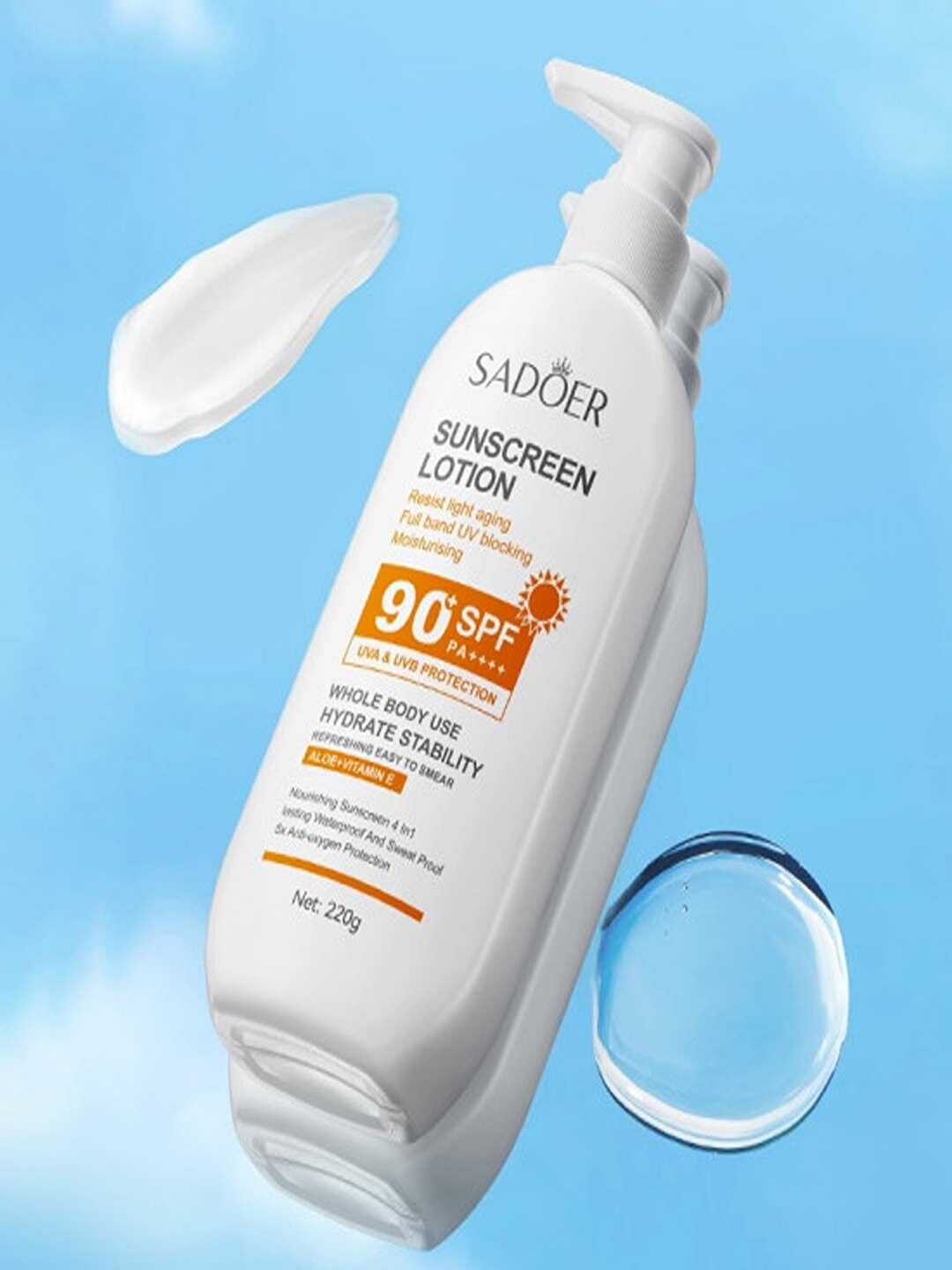 SADOER Лосьон SPF 90+ защита от UVA и UVB лучей с алоэ и витамином Е, 220 мл. — фото 1