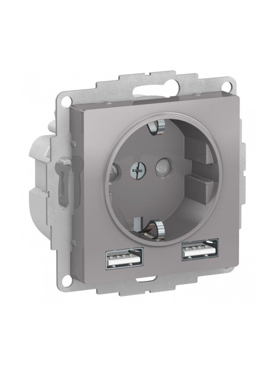 Розетка 1-м СП AtlasDesign 16А IP20 с 2-мя заряд. устройствами USB тип A+A 5В/2.4А 2х5В/1.2А механизм алюм. SE ATN000330