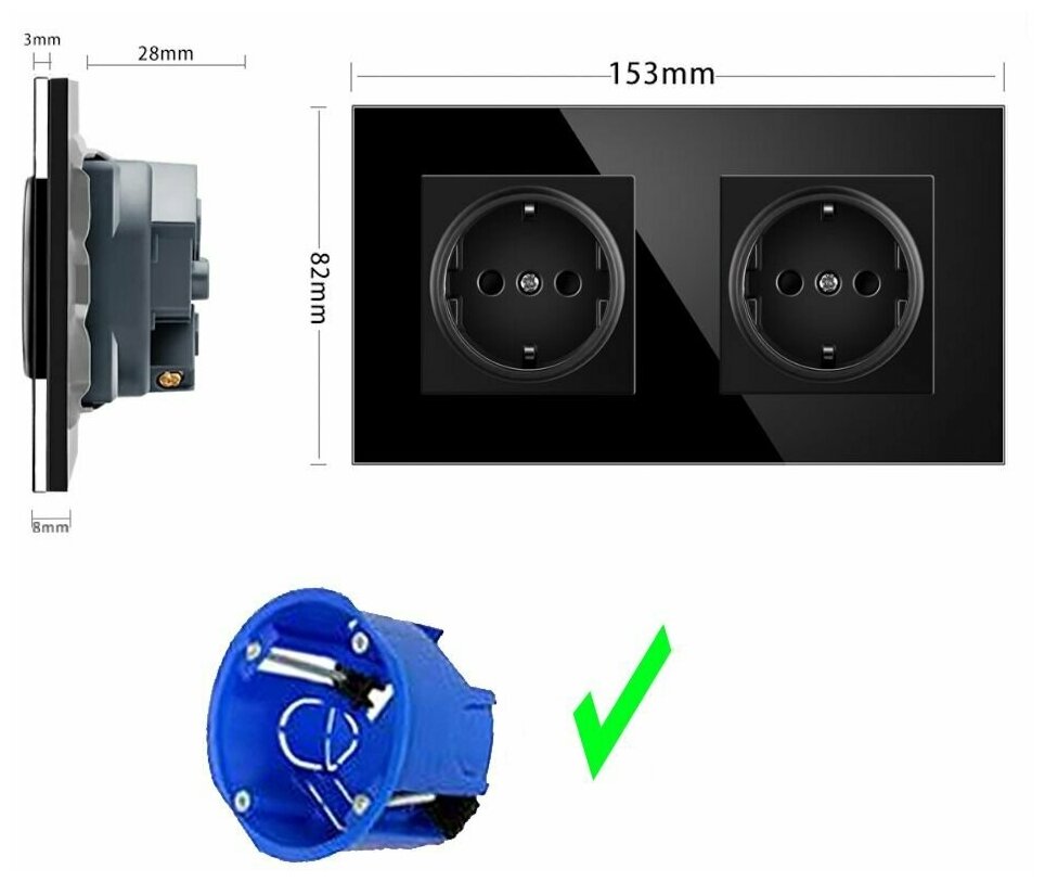 Розетка двойная 2 поста 16А 250В, со шторками, рамка закаленное стекло, чёрный - фотография № 5