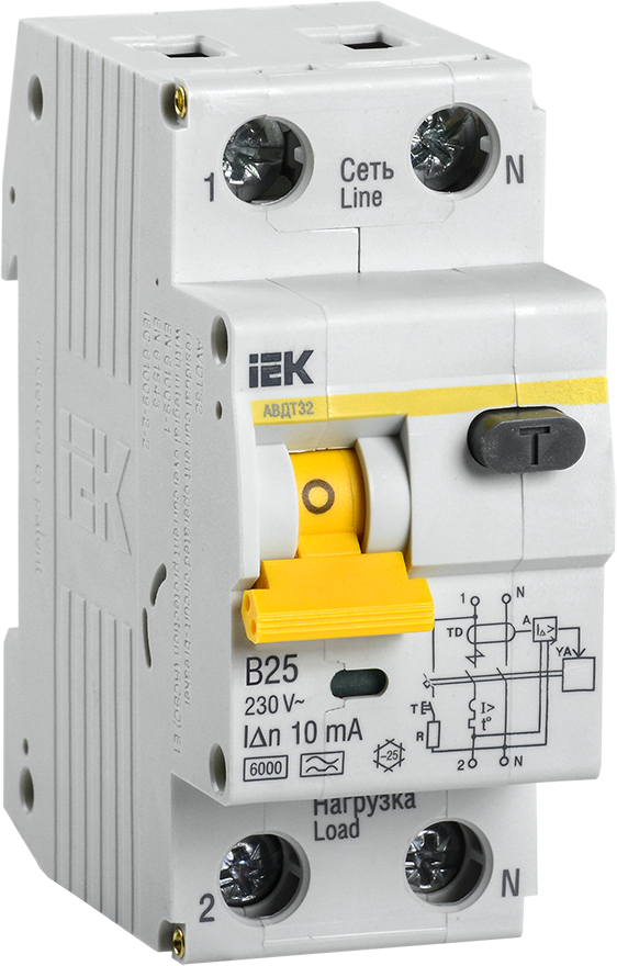 Выключатель автоматический дифференциального тока 2п (1P+N) B 25А 10мА тип A 6кА АВДТ-32 IEK MAD22-5-025-B-10