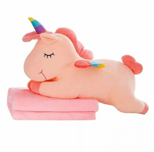Мягкая игрушка-подушка Единорог с пледом, розовый, 3 в 1, 60 см