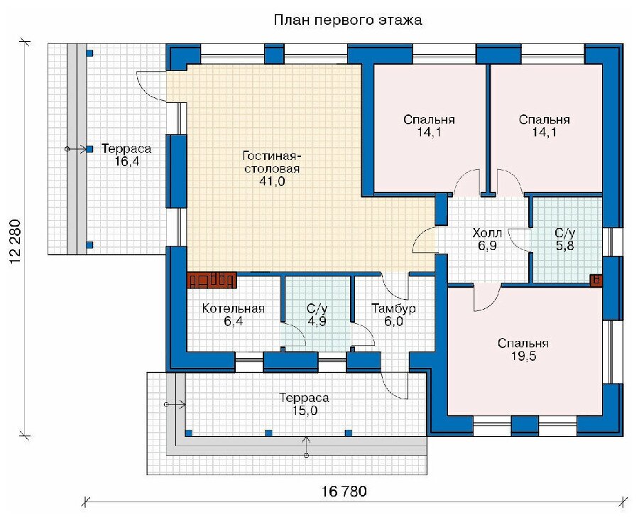 Проект кирпичного дома Catalog-Plans-58-70HEL (118,88кв.м, 14,28x12,28м, кирпич 510) - фотография № 2