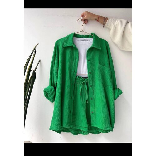 фото Костюм, рубашка и шорты, классический стиль, оверсайз, размер 42-44, зеленый турция