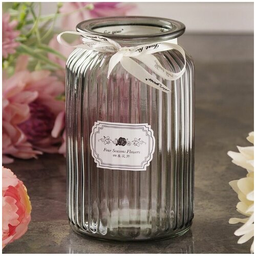 Ваза для цветов стеклянная для интерьера 18см диаметр 11см прозрачая граненная