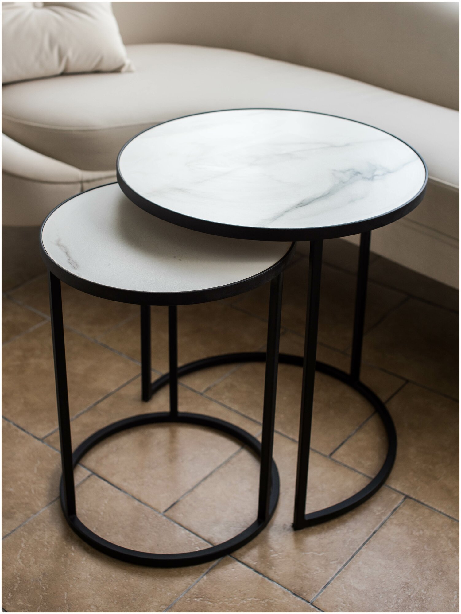 Комплект журнальных столов из керамогранита диаметр 45- 35 см высота 55-50 черный матовый столешница MARBLE матовая_LUCHI