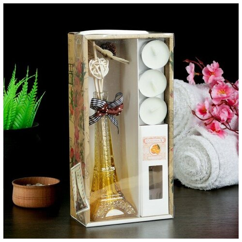 Набор подарочный Эйфелева башня(ваза,2 палочки, 3 свечи , декор, аромамасло 30 мл), апельсин 43553