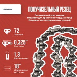 Цепь для бензопил /цепь для электропил / цепь пильная NUMBER ONE N1C, паз 1.3 мм, 72 звеньев, шаг 0.325, шина 18" (45.72 см)