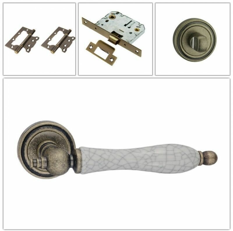 Комплект ручек для дверей Renz INDH_615-16_OB/OC_WC состаренная бронза/керамика (ручка + замок WC + 2 петли без врезки + завертка)