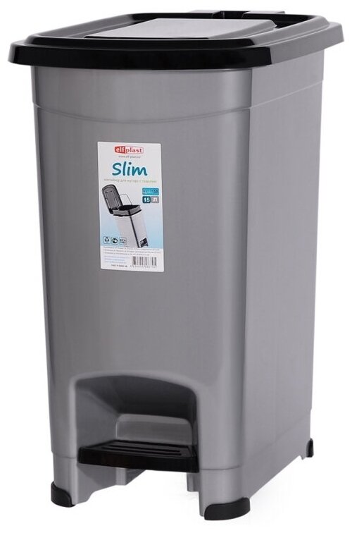 Контейнер для мусора с педалью ElfPlast "Slim" 15 л, 35х24х39,5 см. Мусорное ведро пластиковое. Elfplast, ведро для мусора, мусорный бак, ведро хозяйственное - фотография № 1