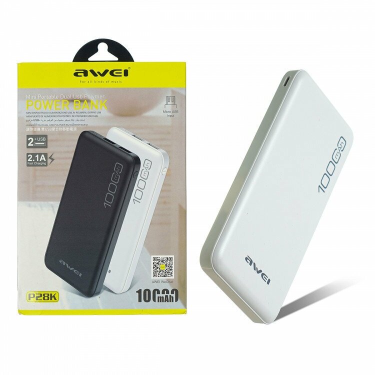 Внешний аккумулятор AWEI P28K, 10000 mAh, 2,1А, Белый