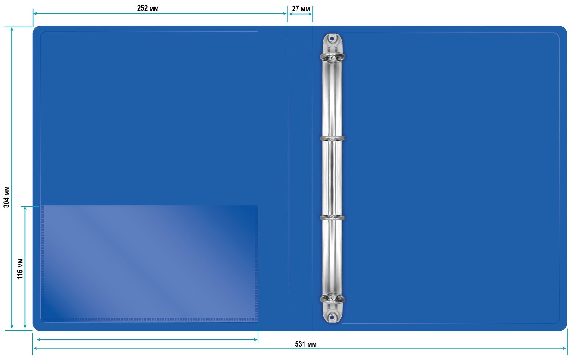 Папка на 4-х кольцах Бюрократ A4 пластик 0.7мм кор.27мм внут.и торц.карм синий - фото №5