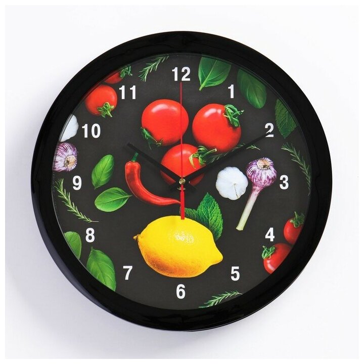 Соломон Часы настенные, d-28 см, кухонные "Овощи на черном фоне", бесшумные