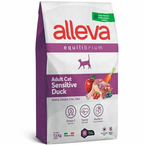 Корм Alleva Equilibrium Adult Cat Sensitive Duck для взрослых кошек, утка, 1,5 кг
