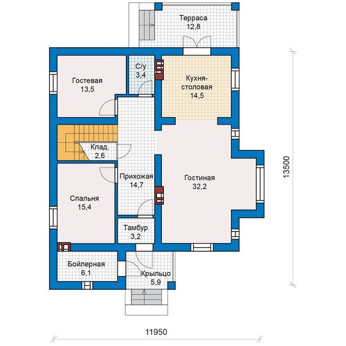 Проект газобетонного дома Catalog-Plans-57-46 (197,37кв. м, 14x12,45м, газобетон 400)