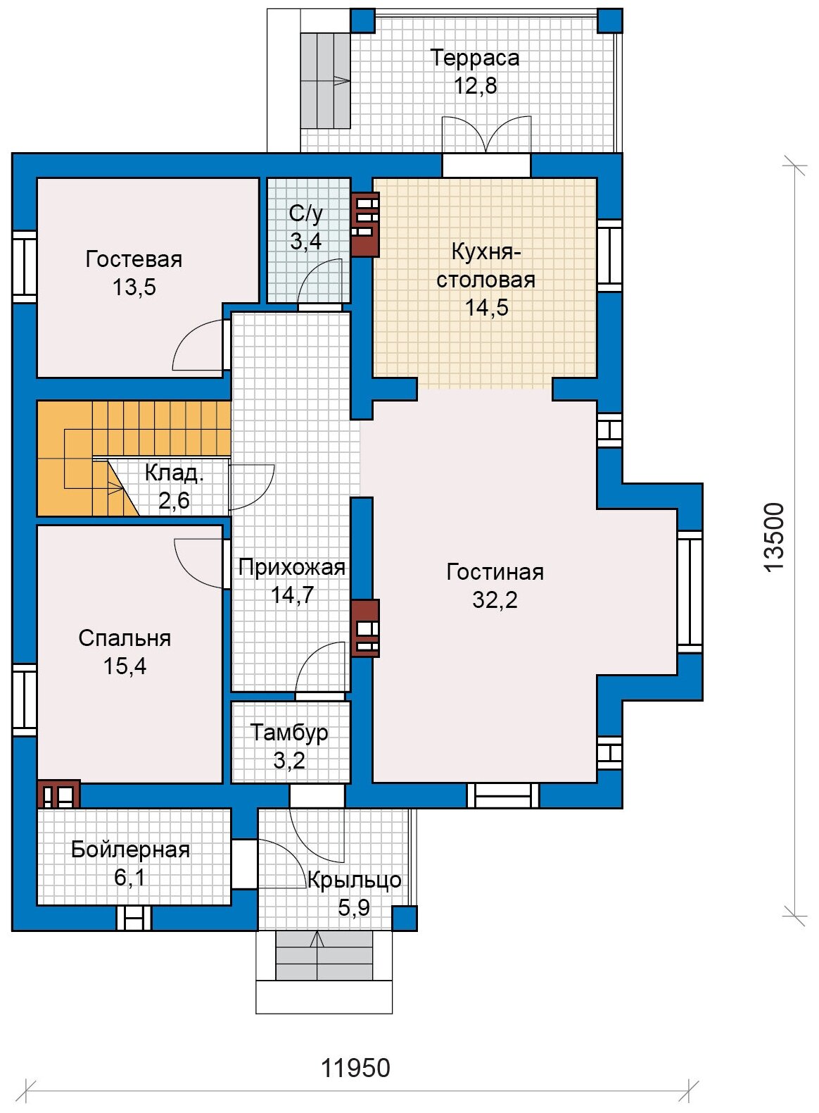 Проект газобетонного дома Catalog-Plans-57-46 (197,37кв.м, 14x12,45м, газобетон 400) - фотография № 1