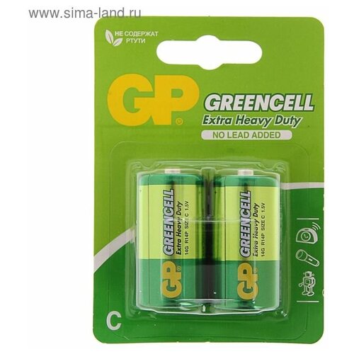 Батарейка солевая GP Greencell Extra Heavy Duty, С, R14-2BL, 1.5В, блистер, 2 шт.