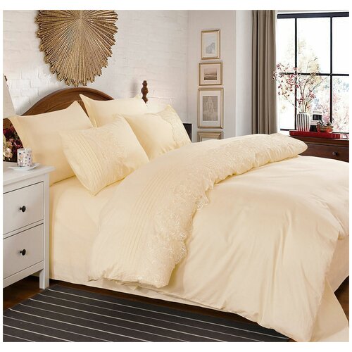 Сатиновое белье с кружевом KHB-02 Retrouyt (светло-желтый), Евро (наволочки 50х70 и 70х70)