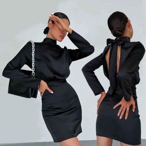 Платье-футляр атлас, прилегающее, мини, открытая спина, размер 42/S, черный