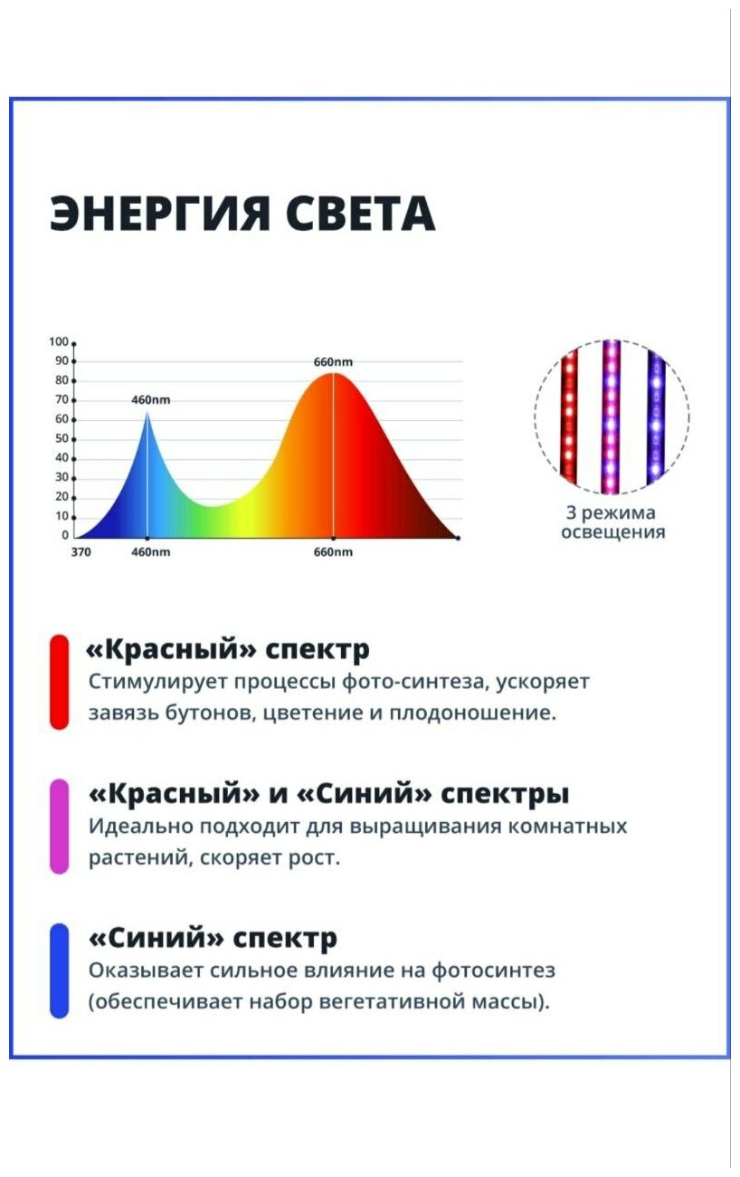 Фитолампа для растений полный спектр 3 светильника / Лампа для растений / Лампа для цветов — фото 5