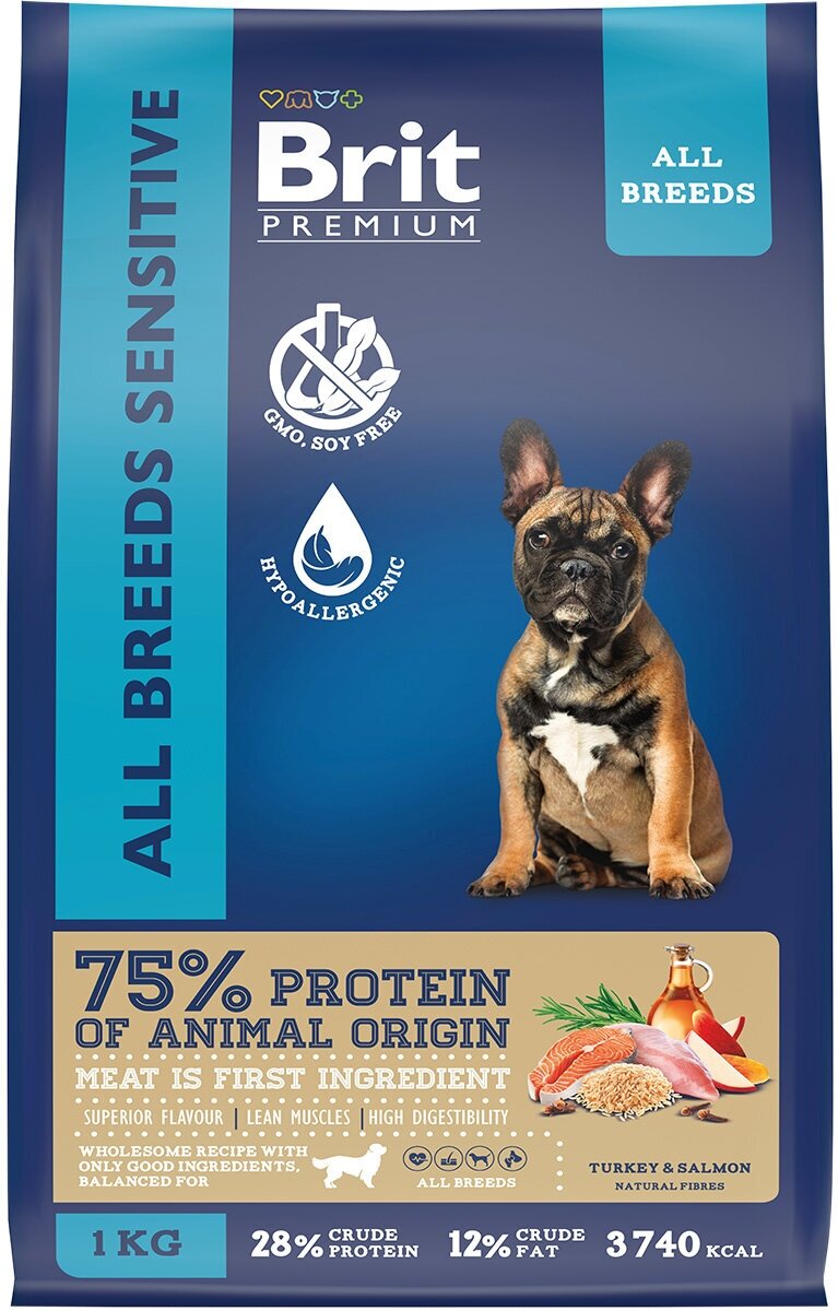 Сухой корм BRIT PREMIUM DOG ADULT SENSITIVE для взрослых собак всех пород с чувствительным пищеварением с лососем и индейкой (1 кг)
