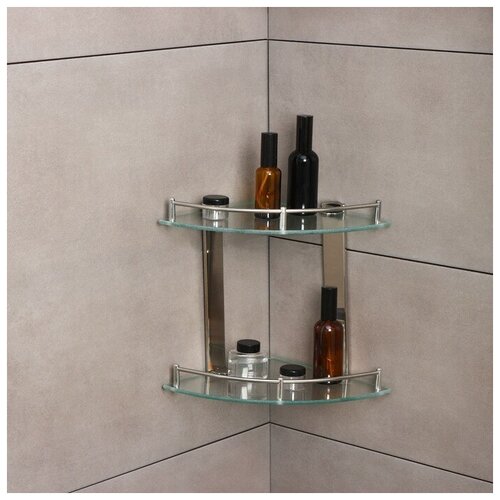 Полка для ванной комнаты 2х-ярусная угловая, 24×24×28 см, нержавеющая сталь, стекло