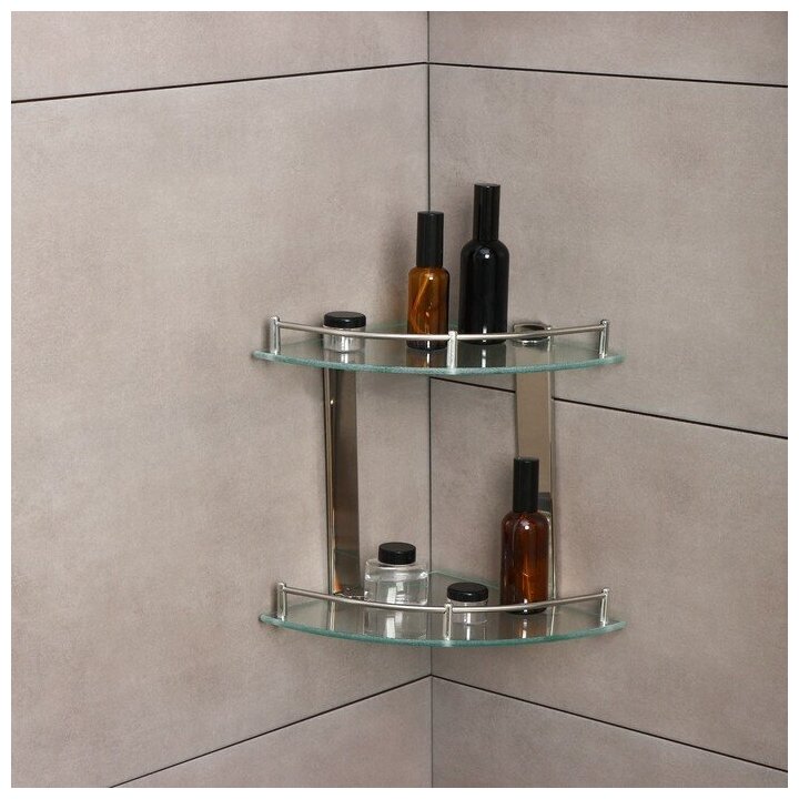 Полка для ванной комнаты 2х-ярусная угловая 24×24×28 см нержавеющая сталь стекло
