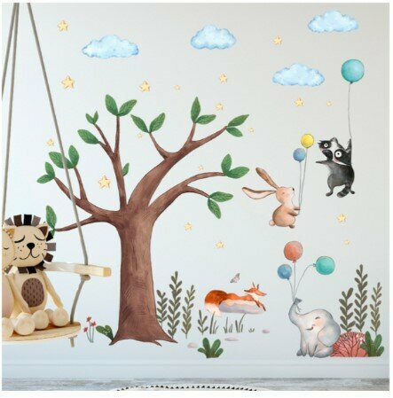 Наклейка интерьерная детская для дома и декора на стену, дверь, окно. Животные, дерево, качели, шарики. Для малышей, детей и взрослых.