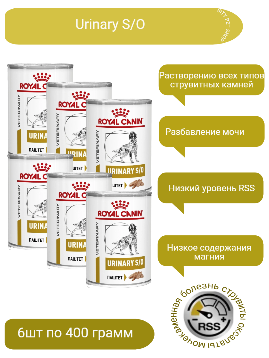 Влажный корм для собак Royal Canin Urinary S/O, при заболеваниях мочевыделительной системы 1 уп. х 6 шт. х 410 г