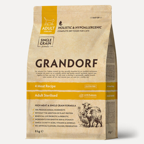 Изображение товара Grandorf 4 Meat Recipe Sterilized 8 кг - корм четыре вида мяса для кастрированных и пожилых кошек