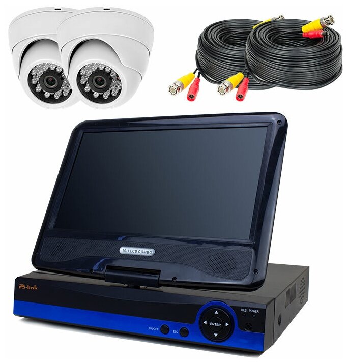 Готовый комплект AHD видеонаблюдения с 2 внутренними камерами 2 Мп и монитором для дома офиса PS-link AHD-K9102AH