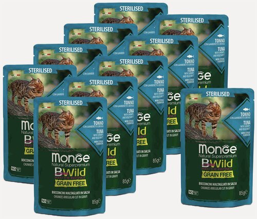 Изображение товара Monge Cat BWild GRAIN FREE паучи из тунца с креветками и овощами для стерилизованных кошек 85г х 10 шт.