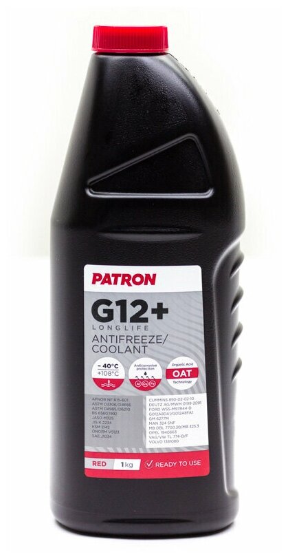 Антифриз PATRON красный G12+ LONG LIFE, (-40C), 10 кг