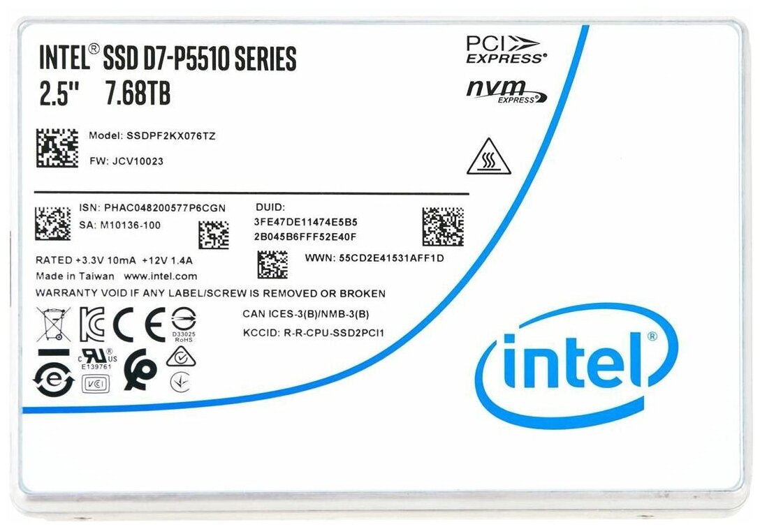 Накопитель SSD U.2 Intel D7-P5510 7.68TB PCIe 4.0 x4 NVMe TLC 7000/4194MB/s IOPS 930K/190K MTBF 2M - фото №3