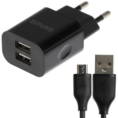 Сетевое зарядное устройство Eхployd Eх-Z-464, 2 USB, 3.1A, кабель microUSB, чёрное