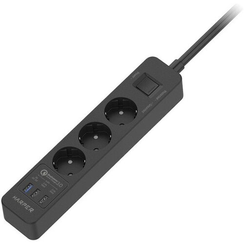 Harper Сетевой фильтр с USB зарядкой UCH-340 Black QC3.0 (3 роз,1,5м, 3 x USB (max 4.8A), 4000W) (H00003195)