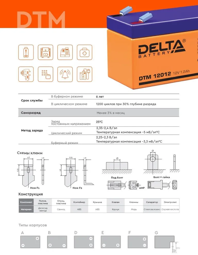 Аккумуляторная батарея DELTA Battery DTM 12012 12В 12 А·ч