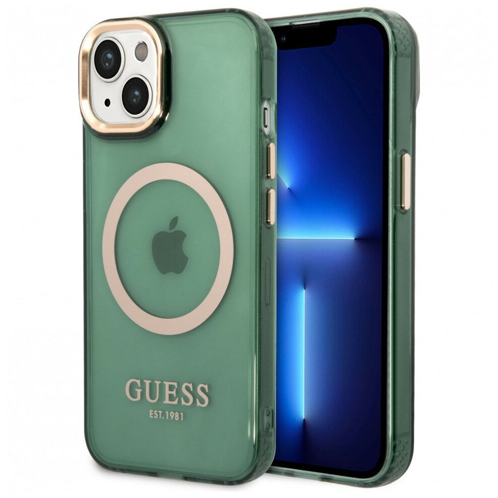 Guess Чехол Guess Metal outline Hard Translucent для iPhone 14 Plus, зеленый/золотой (MagSafe)