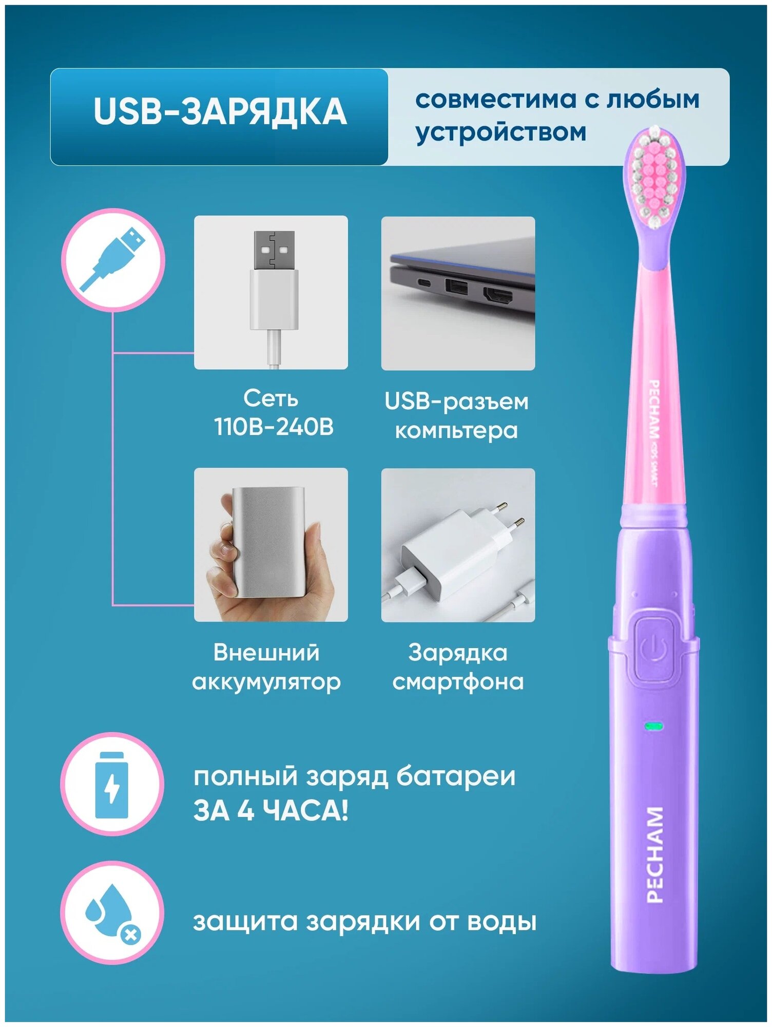 Детская электрическая зубная щетка PECHAM Kids Smart 3+, 2 насадки, Electric toothbrush - фотография № 8