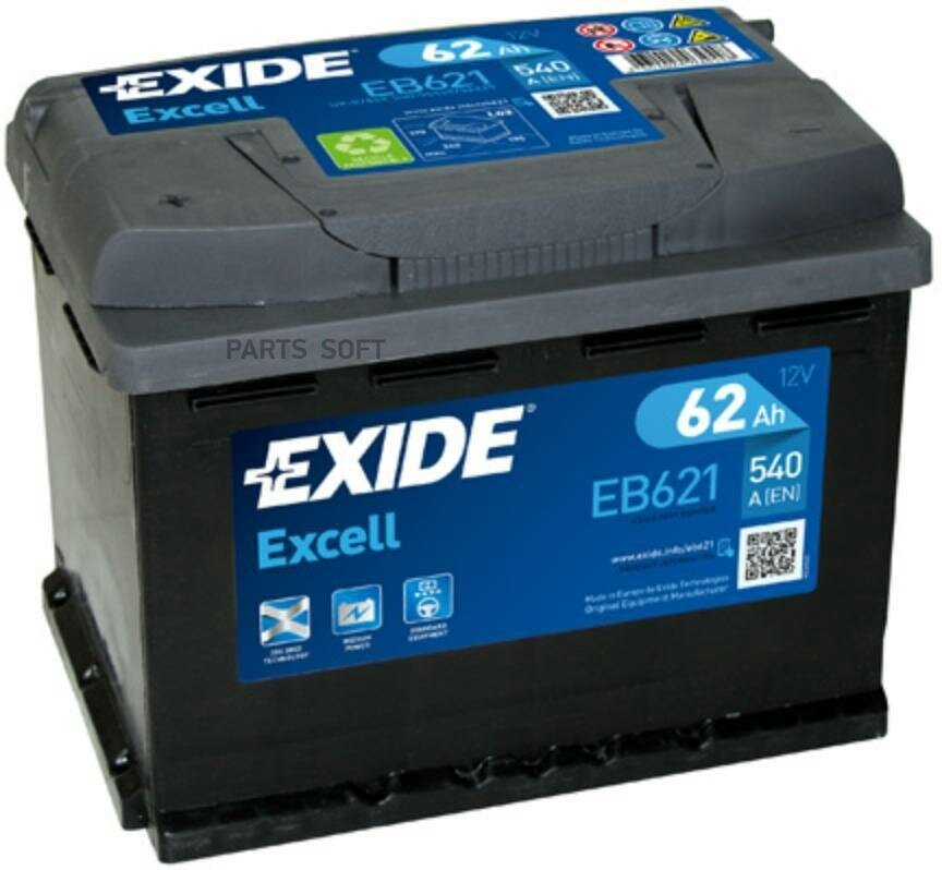 Exide eb621 excell_аккумуляторная батарея! 19.5/17.9 рус 62ah 540a 242/175/190\