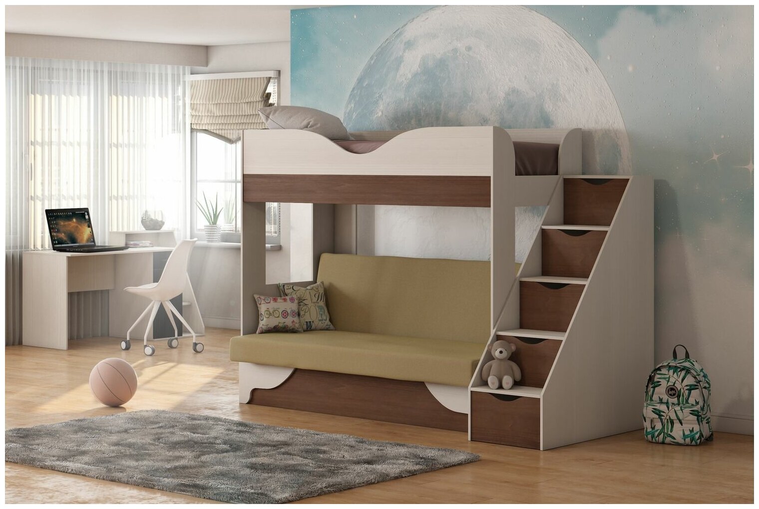 Двухъярусная кровать с диваном Шерри обивка бежевая