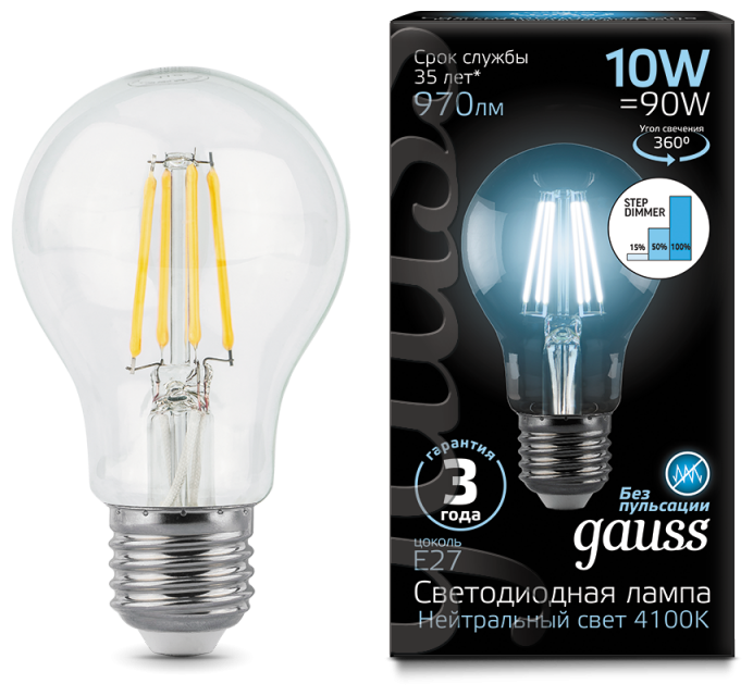 Лампа светодиодная gauss 102802210-S, E27, A60, 10 Вт, 4100 К