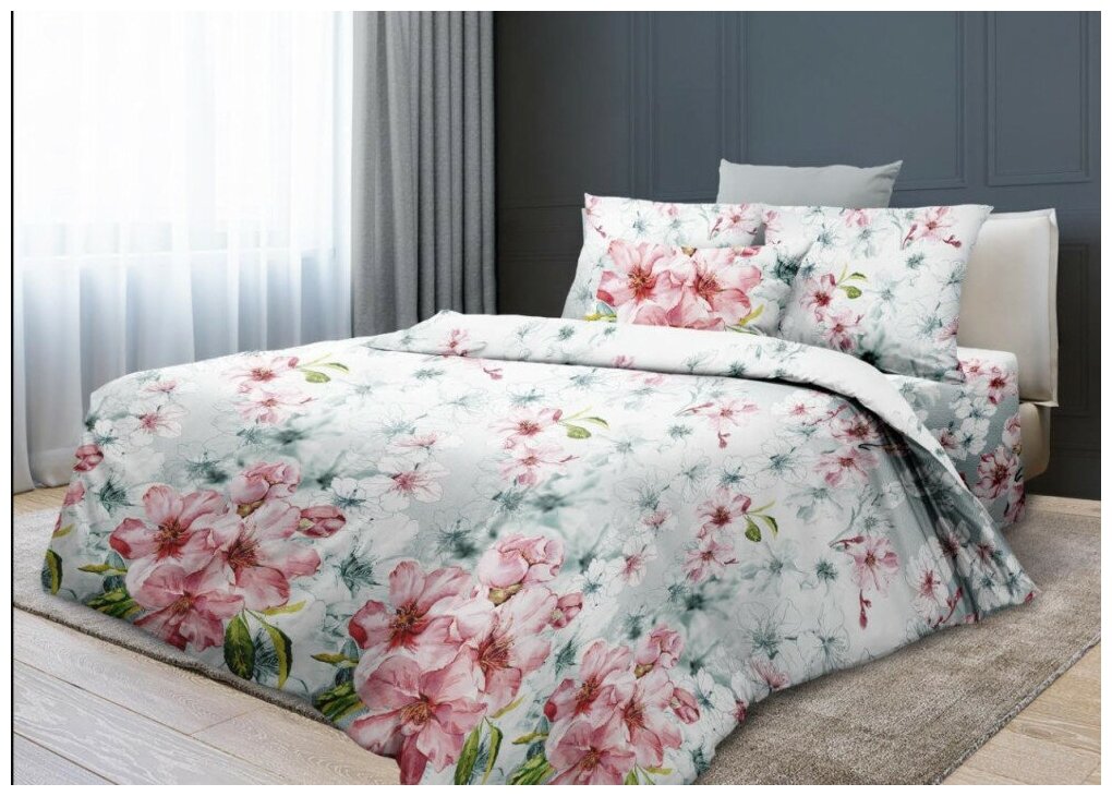 1.5 спальное постельное белье поплин белое с цветами