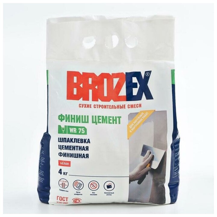 фото BROZEX Смесь шпаклевочная Brozex WR 75 белая финиш цемент для стен 4,0 кг