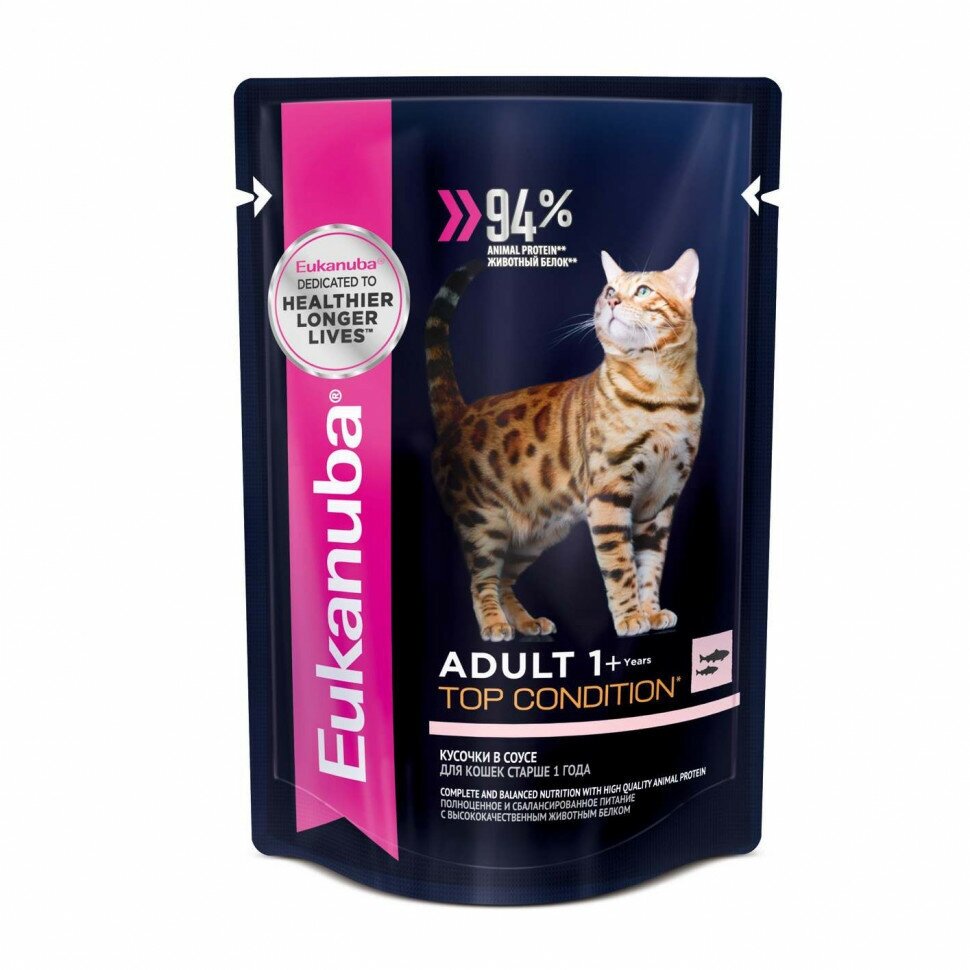 Влажный корм для кошек Eukanuba Top Condition, для здоровья кожи и блеска шерсти, с лососем 24 шт. х 85 г (кусочки в соусе)