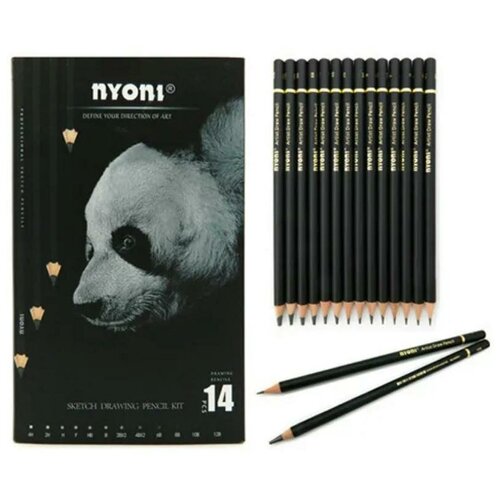 Набор деревянных чернографитных карандашей Nyoni 14 штук, 12 видов мягкости (4H, 2H, H, F, HB, B, 2B, 4B, 6B, 8B, 10B, 12B)