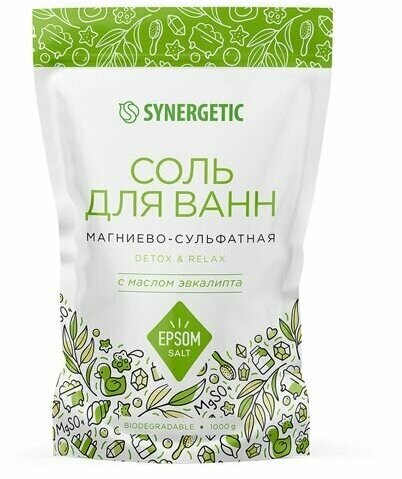 SYNERGETIC Соль для ванн, магниево-сульфатная, с маслом эвкалипта, 1 кг